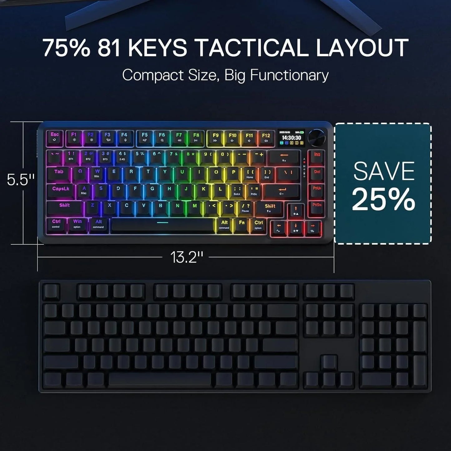 Redragon k724 pro wireless gasket gaming keyboard w/hype screen & knob 81-key