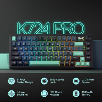 Redragon k724 pro wireless gasket gaming keyboard w/hype screen & knob 81-key