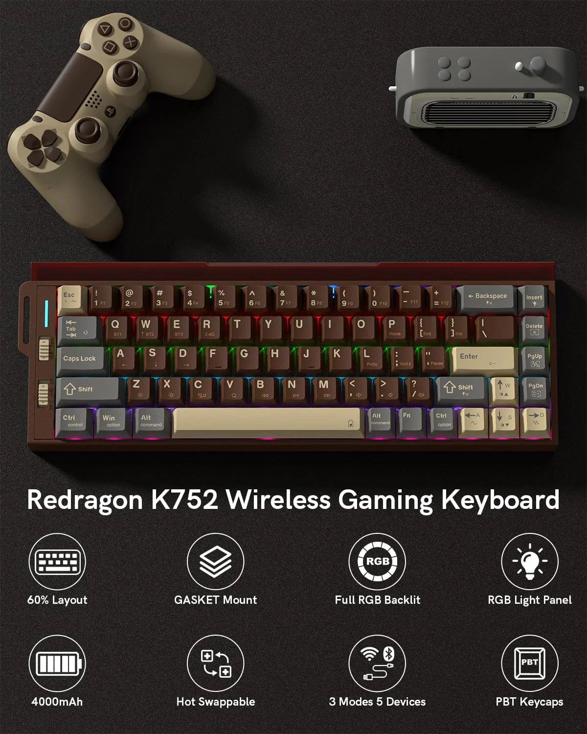 Redragon k752 wireless mechanical keyboard 60% gasket mount gaming keyboard