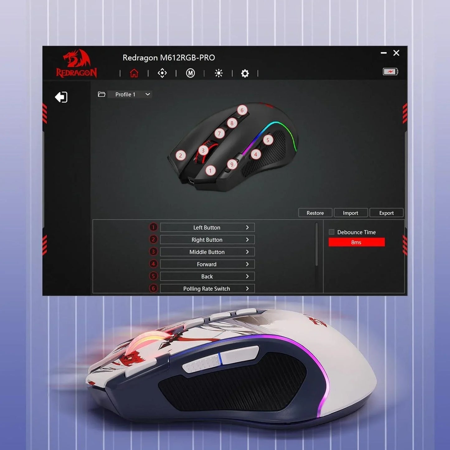 Redragon m612ak pro rgb anime gaming mouse 8000 dpi wired/wireless optical
