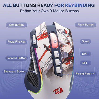 Redragon m612ak pro rgb anime gaming mouse 8000 dpi wired/wireless optical