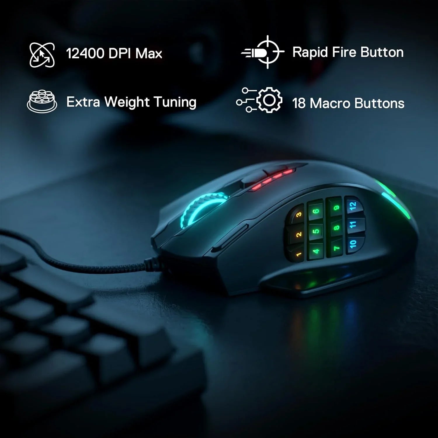 Redragon m908 impact rgb led mmo gaming mouse with 12 side buttons optical
