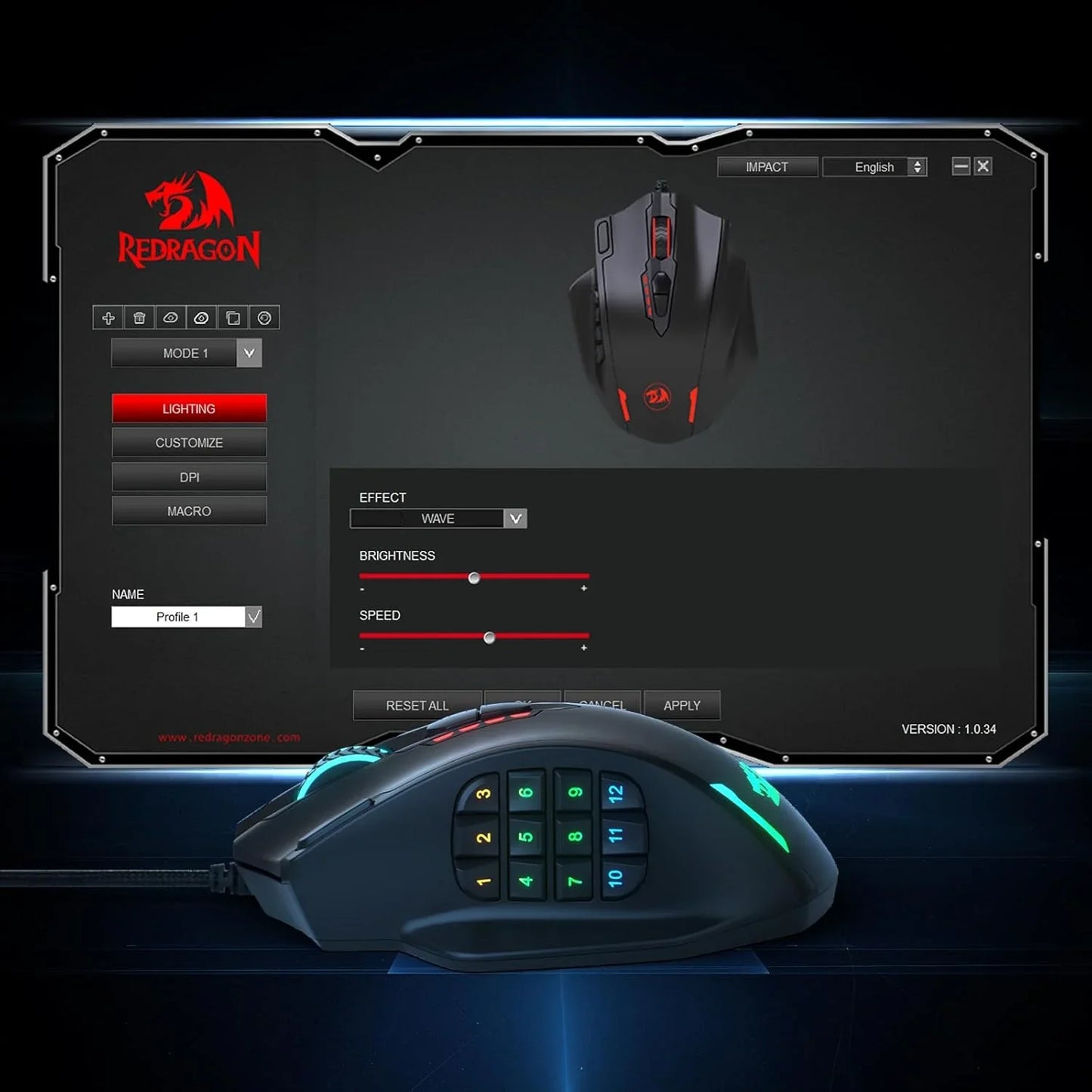 Redragon m908 impact rgb led mmo gaming mouse with 12 side buttons optical