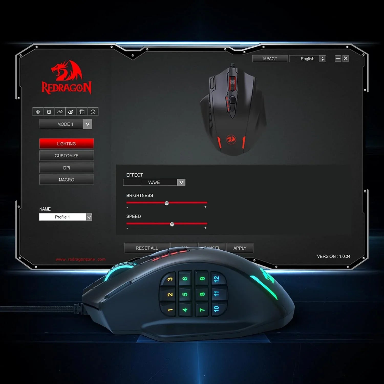 Redragon m908 impact rgb led mmo gaming mouse with 12 side buttons optical