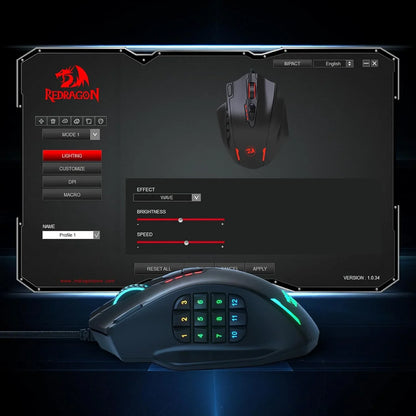 Redragon m908 impact rgb led mmo gaming mouse with 12 side buttons optical