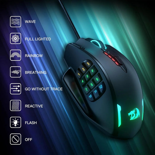 Redragon m908 impact rgb led mmo gaming mouse with 12 side buttons optical