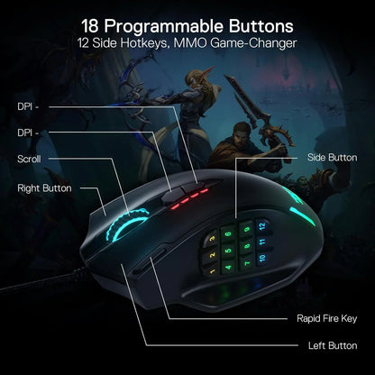 Redragon m908 impact rgb led mmo gaming mouse with 12 side buttons optical