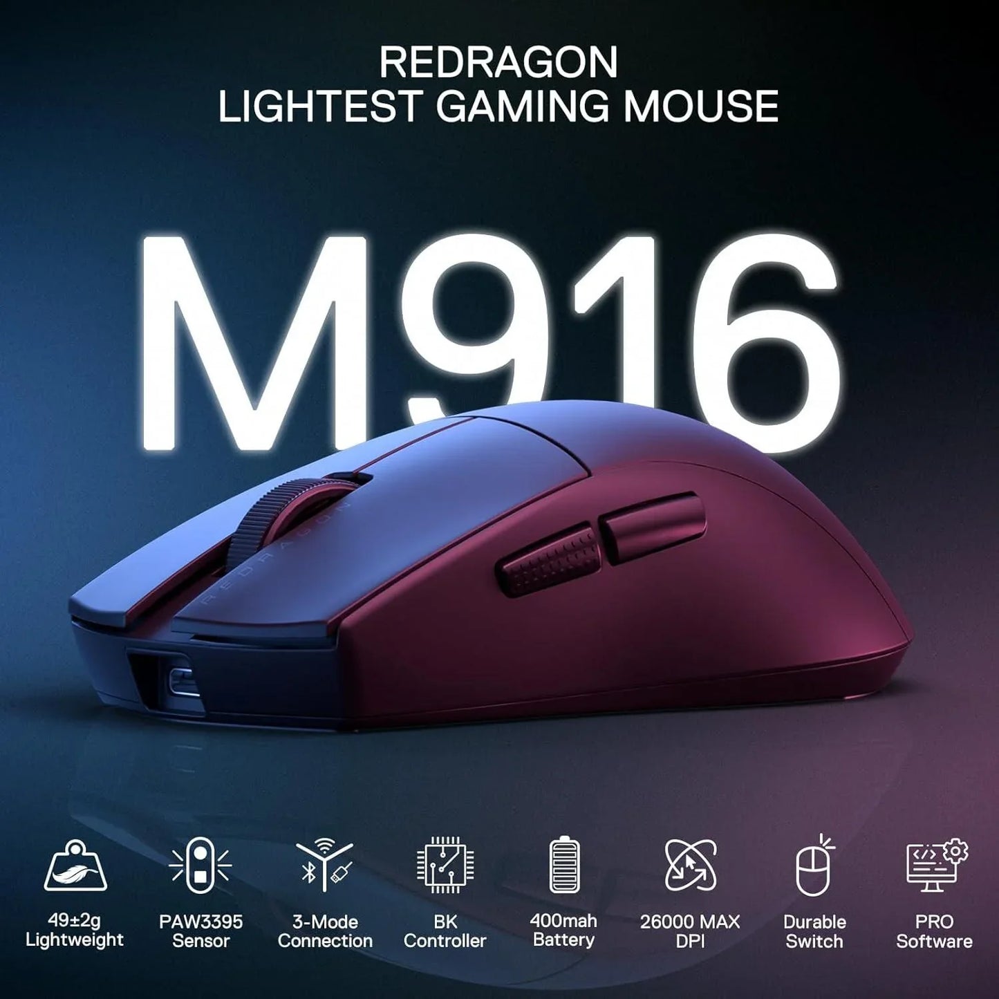 Redragon m916 pro 3-mode wireless gaming mouse 4k (26000 dpi) mouse pads
