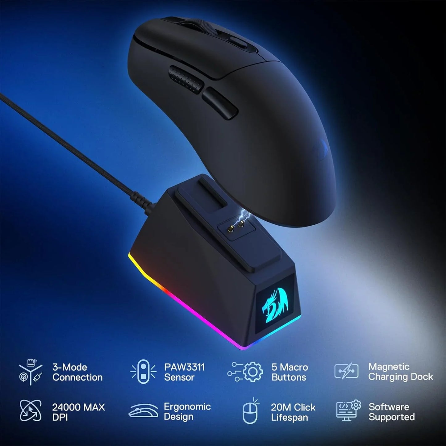 Redragon m998 lightweight wireless gaming mouse with rgb magnetic charging dock