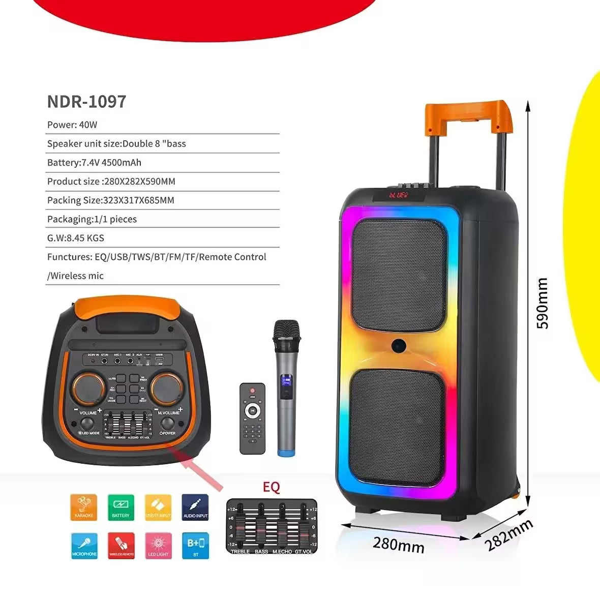 NDR 1097 High Quality Professional Sound EQ Party Portable Wireless Trolley