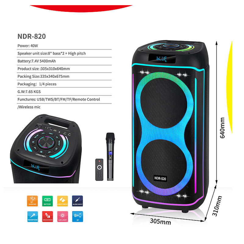 NDR 820 2025 Hot Selling Outdoor Double 8 J.BL DJ Party Box BT Portable Speaker
