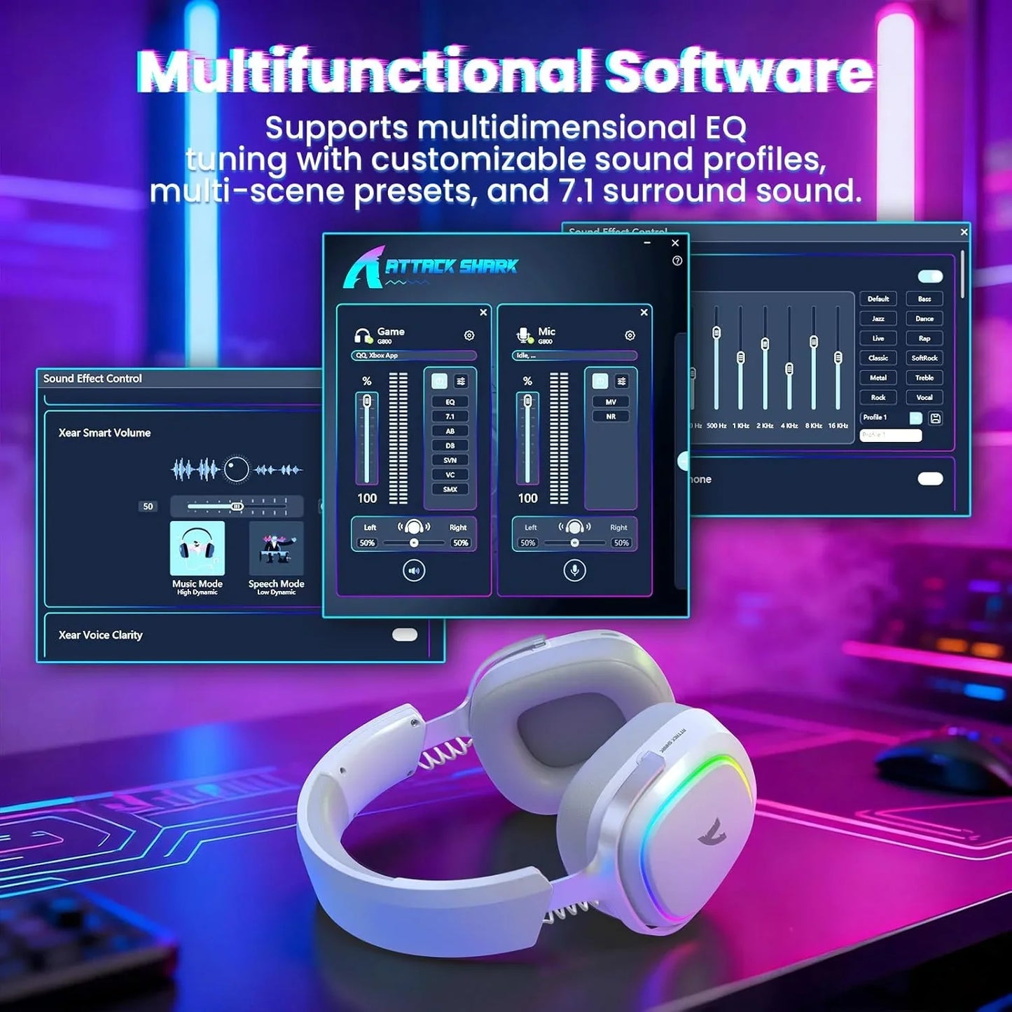 Attack shark g800 wireless rgb gaming headset:7.1 surround sound-50mm