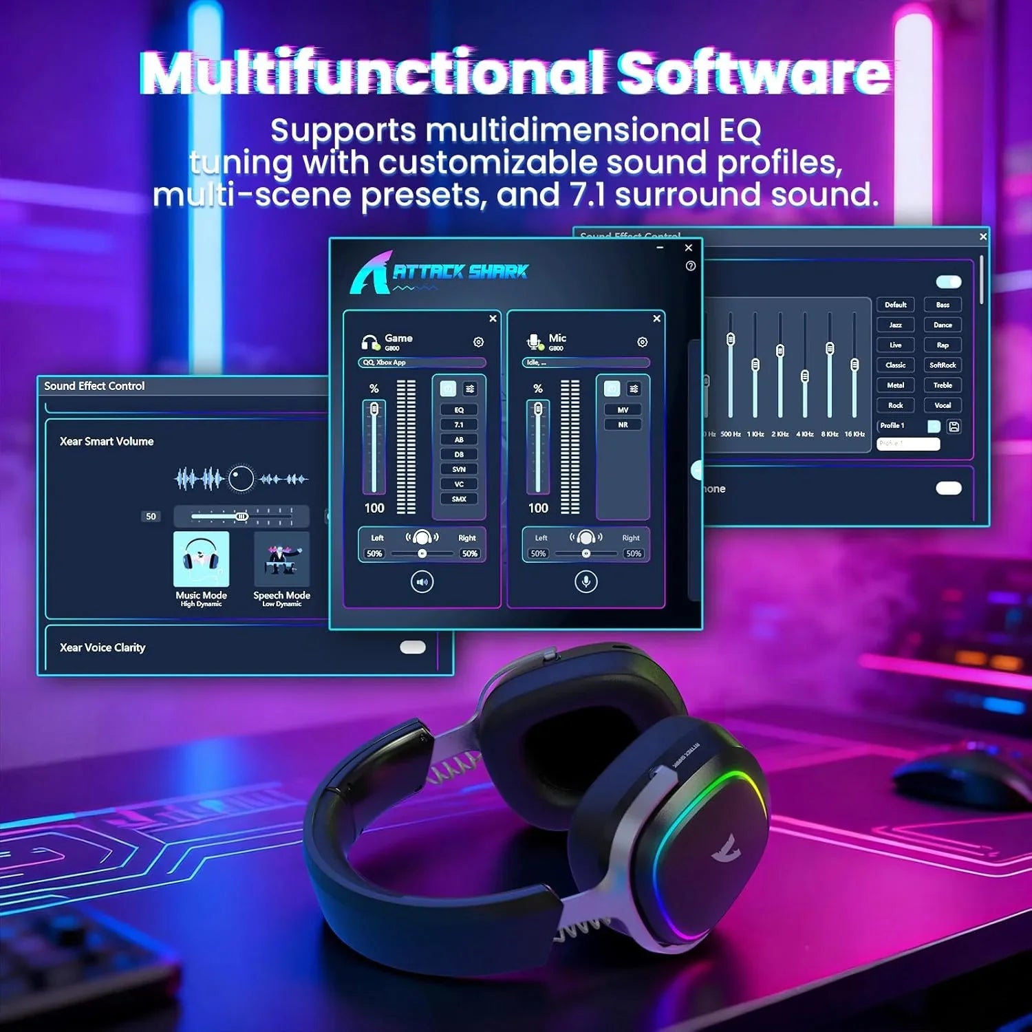 Attack shark g800 wireless rgb gaming headset:7.1 surround sound-50mm