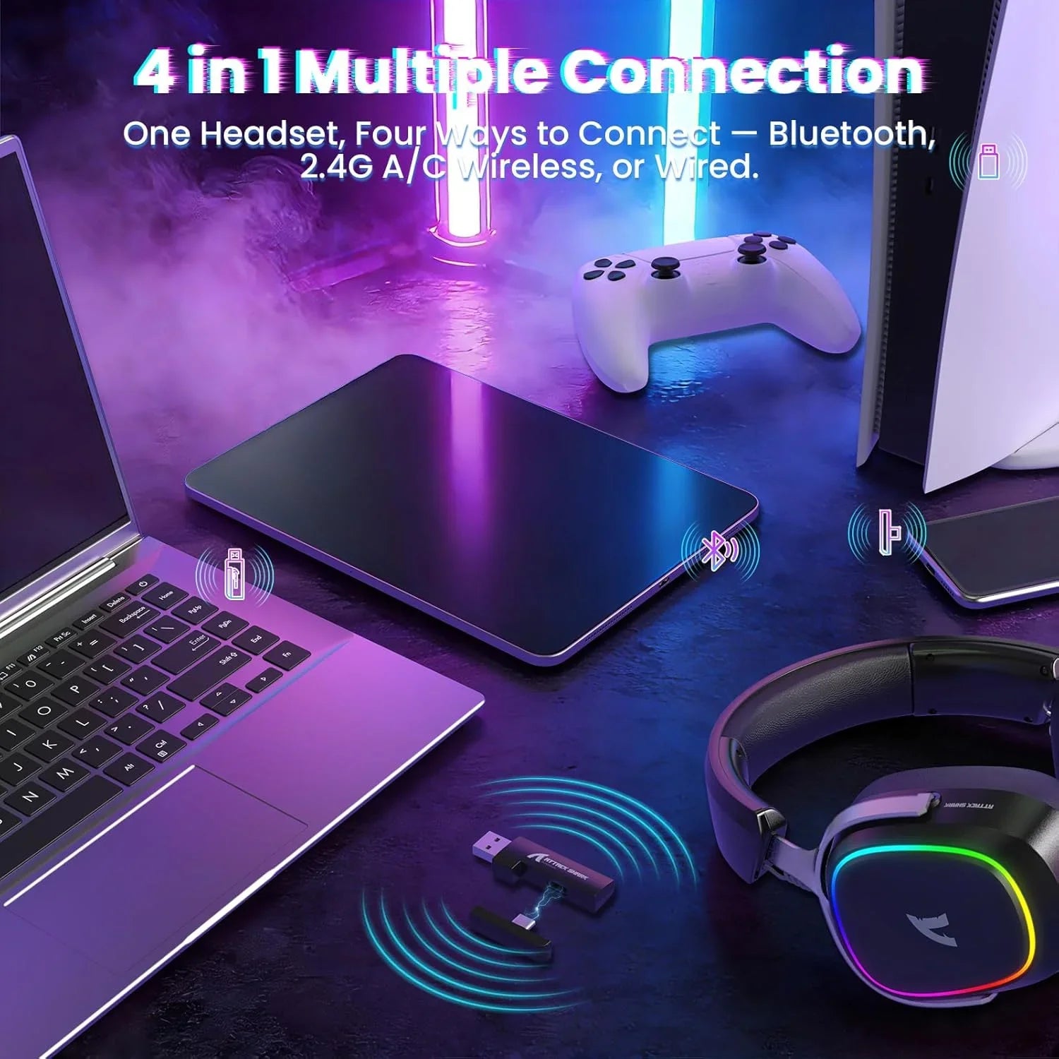 Attack shark g800 wireless rgb gaming headset:7.1 surround sound-50mm