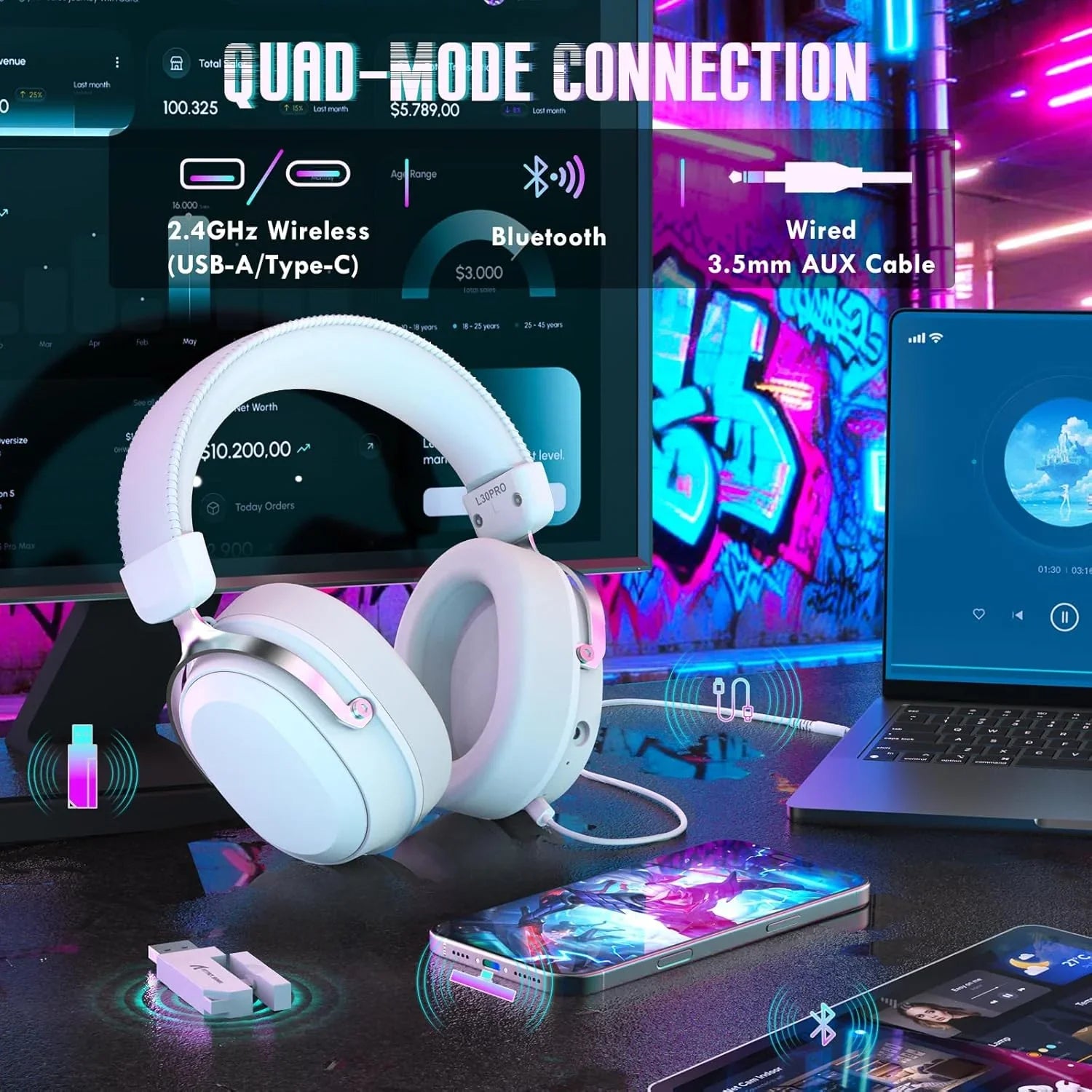 Attack shark l30pro wireless gaming headset with 2.4ghz/bt/wired long battery
