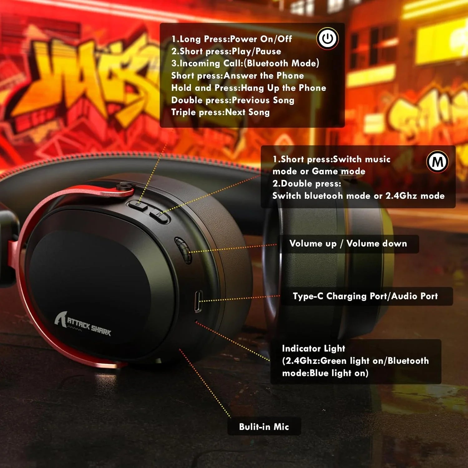 Attack shark l30pro wireless gaming headset with 2.4ghz/bt/wired long battery
