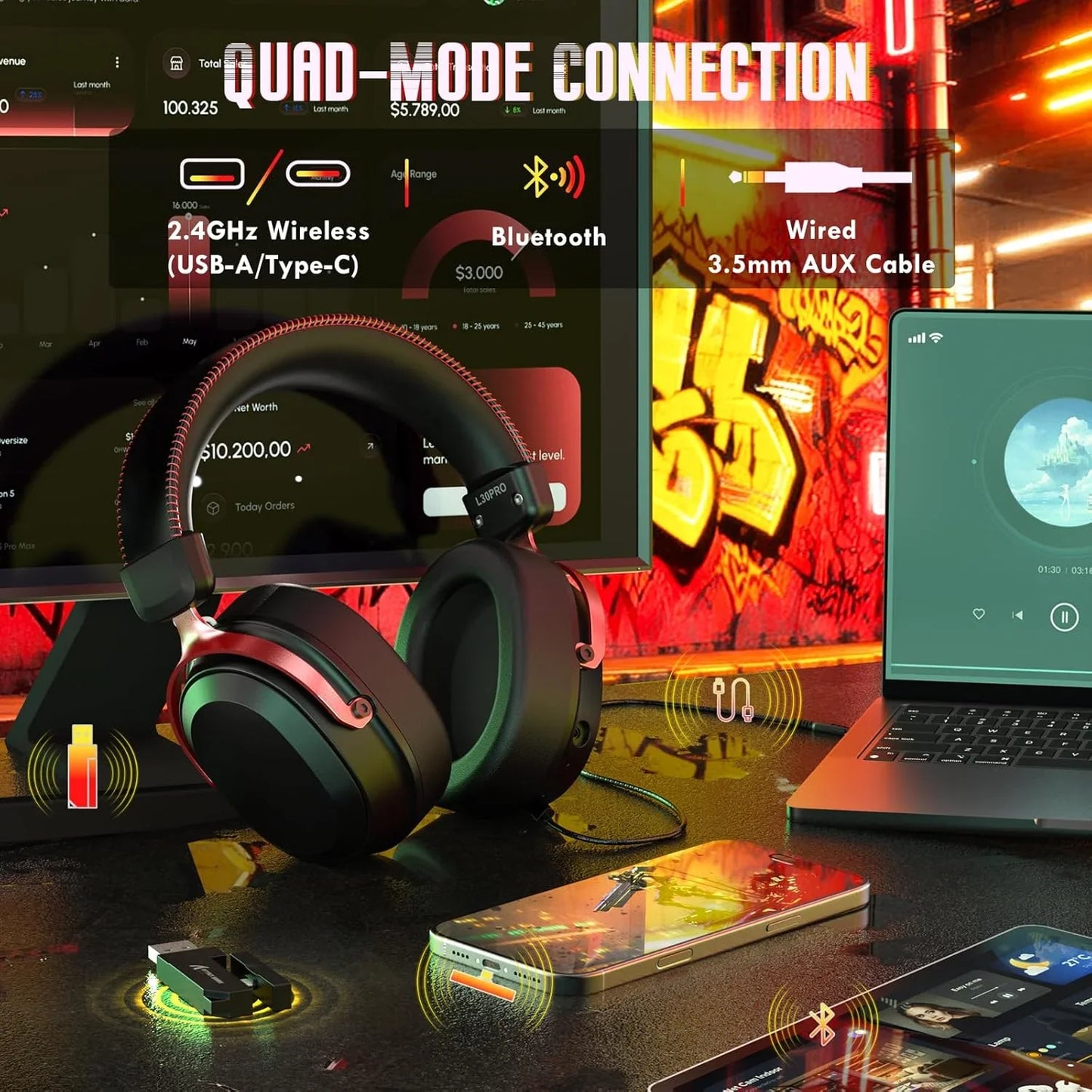 Attack shark l30pro wireless gaming headset with 2.4ghz/bt/wired long battery