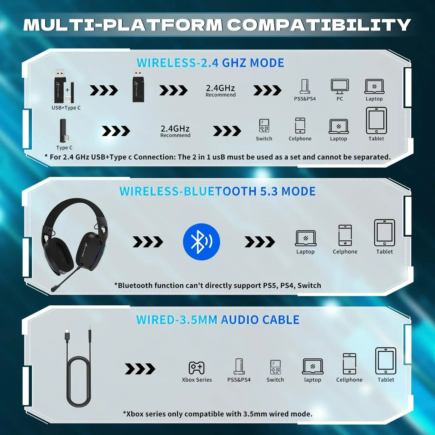 Attack shark l90 ultra-light wireless headset,rgb,foldable,triple-