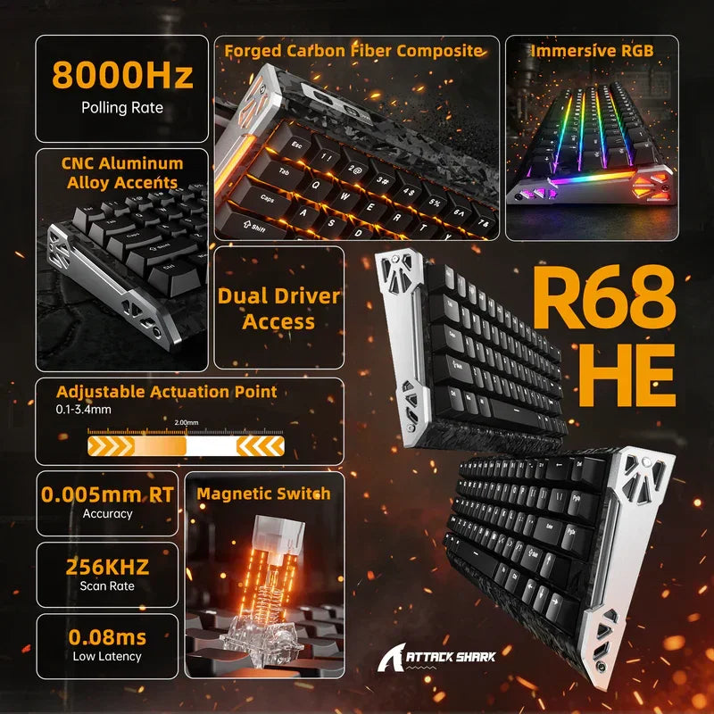 Attack shark r68 he 60% wired rapid trigger 8k mechanical rgb gaming keyboard