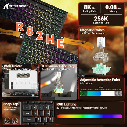 Attack shark r82 he rapid trigger wired mechanical gaming keyboard tkl nkro