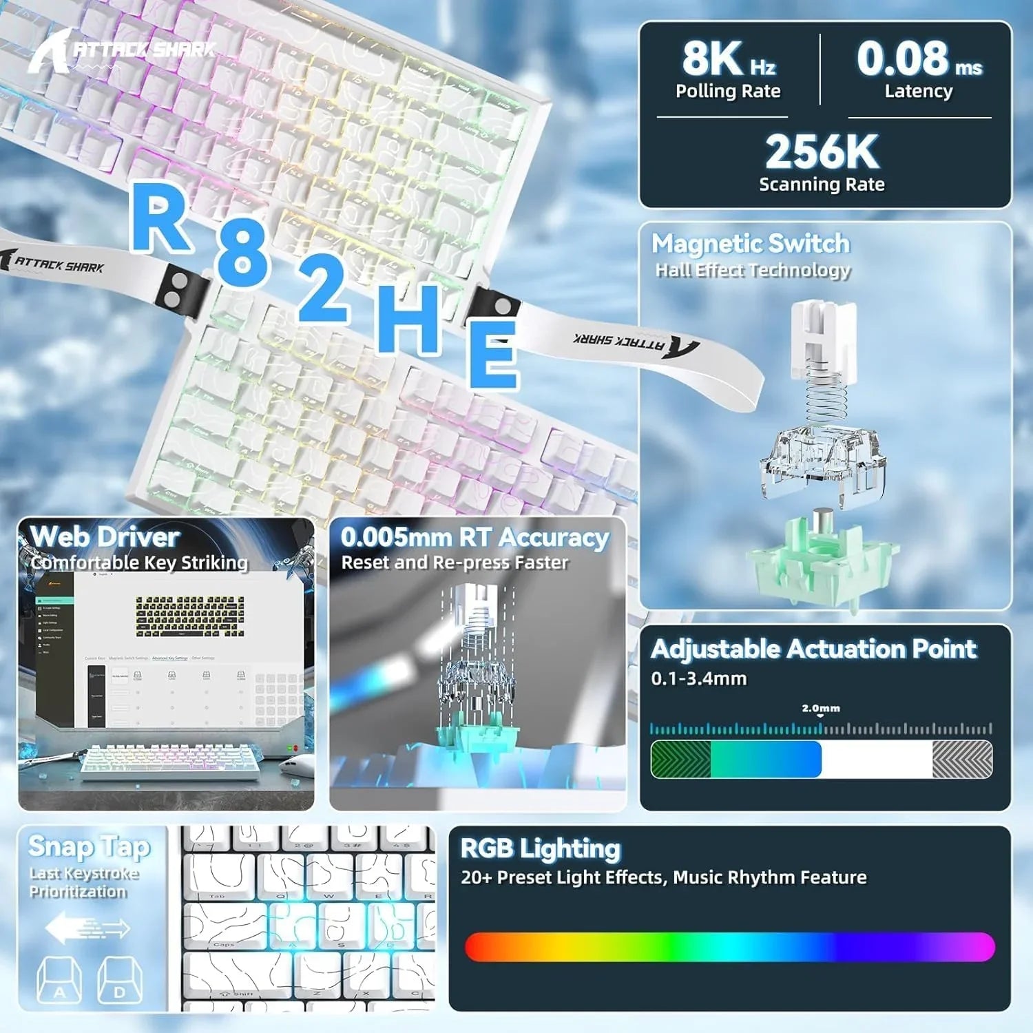 Attack shark r82he rapid trigger wired mechanical gaming keyboard tkl nkro