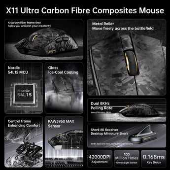 Attack shark x11 ultra 8k carbon fiber wireless gaming mouse with 42000