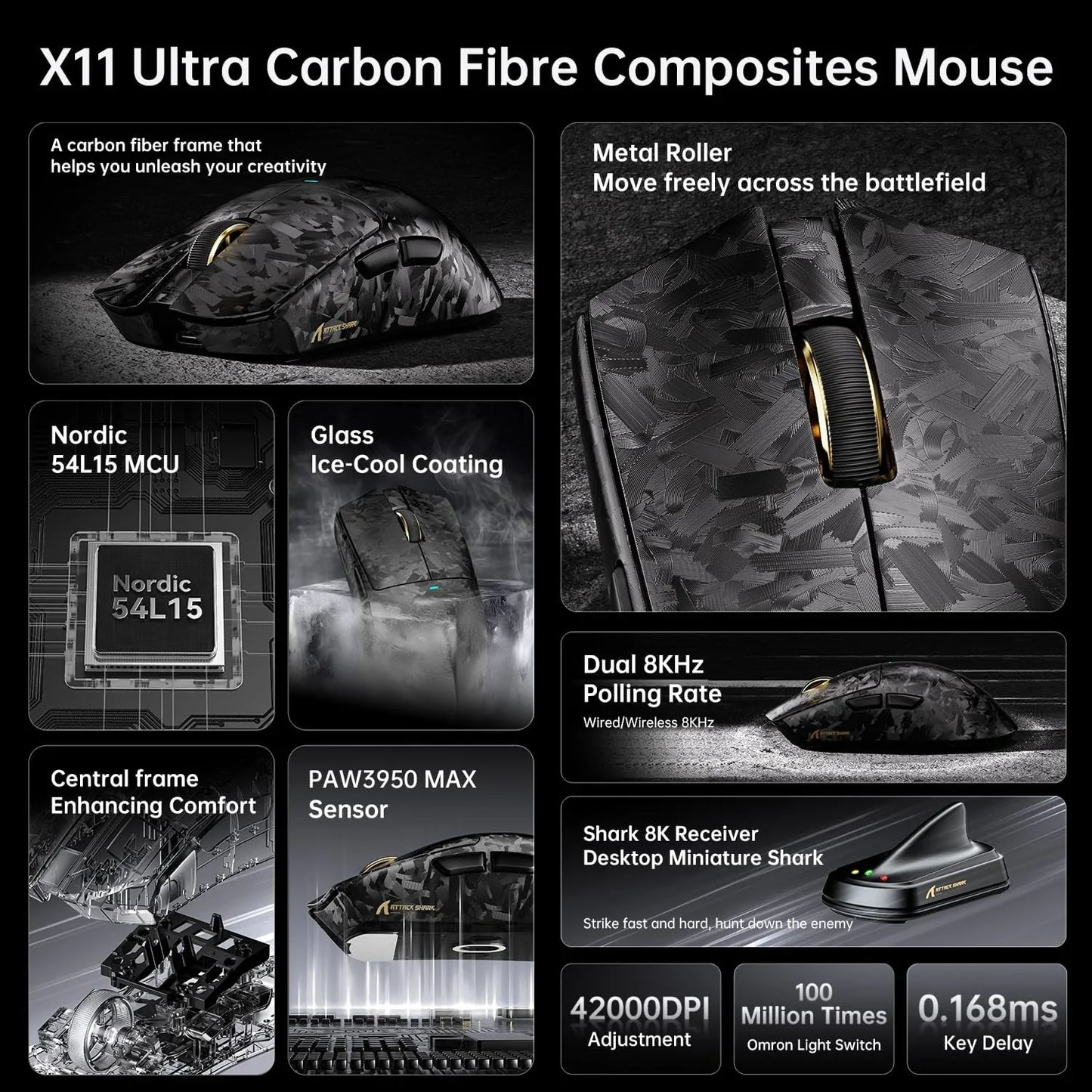 Attack shark x11 ultra 8k carbon fiber wireless gaming mouse with 42000