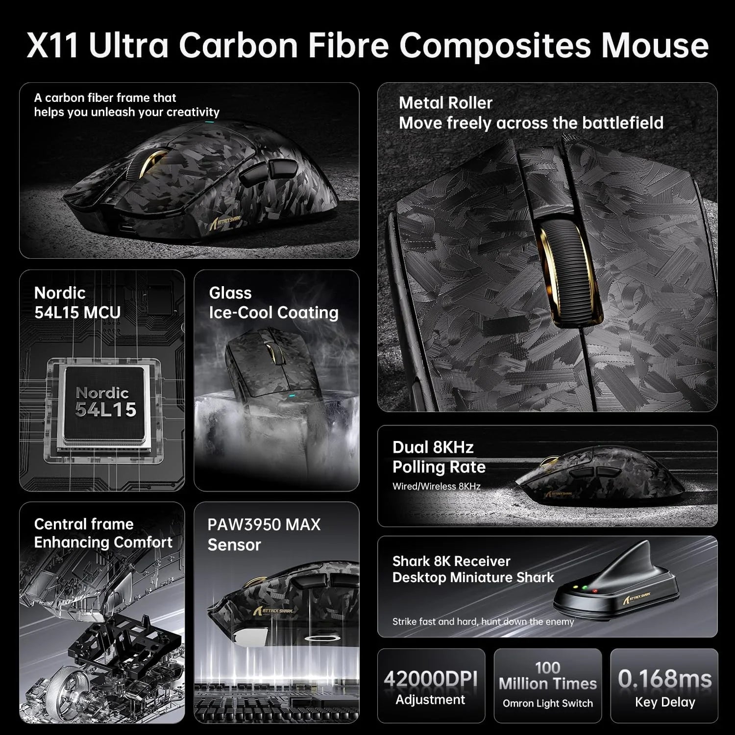 Attack shark x11 ultra 8k carbon fiber wireless gaming mouse with 42000