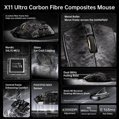 Attack shark x11 ultra 8k carbon fiber wireless gaming mouse with 42000