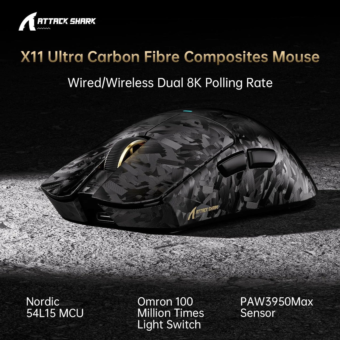 Attack shark x11 ultra 8k carbon fiber wireless gaming mouse with 42000