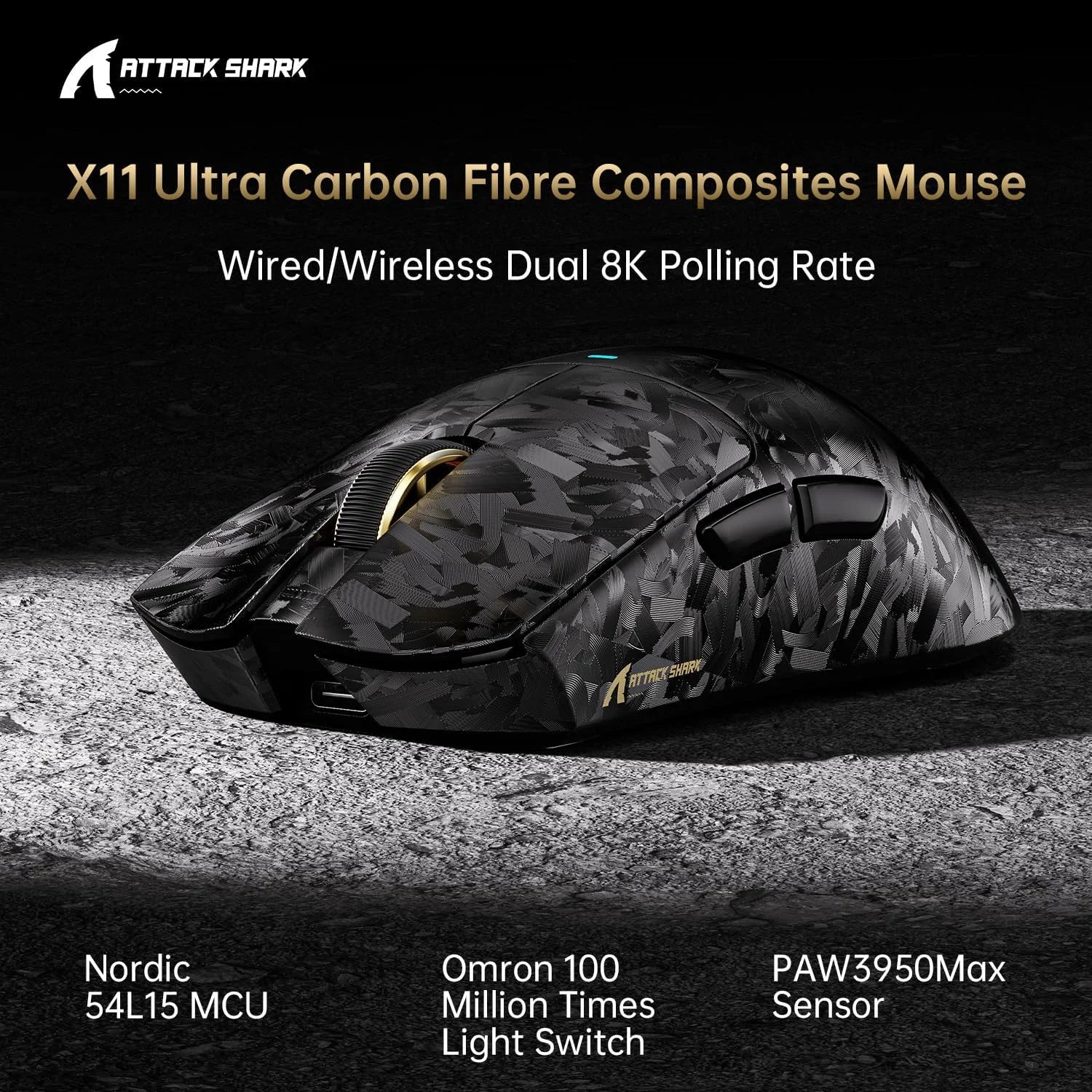 Attack shark x11 ultra 8k carbon fiber wireless gaming mouse with 42000