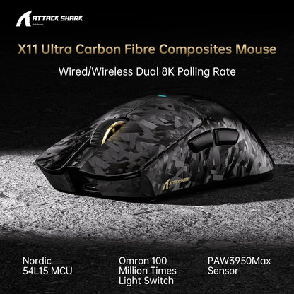 Attack shark x11 ultra 8k carbon fiber wireless gaming mouse with 42000
