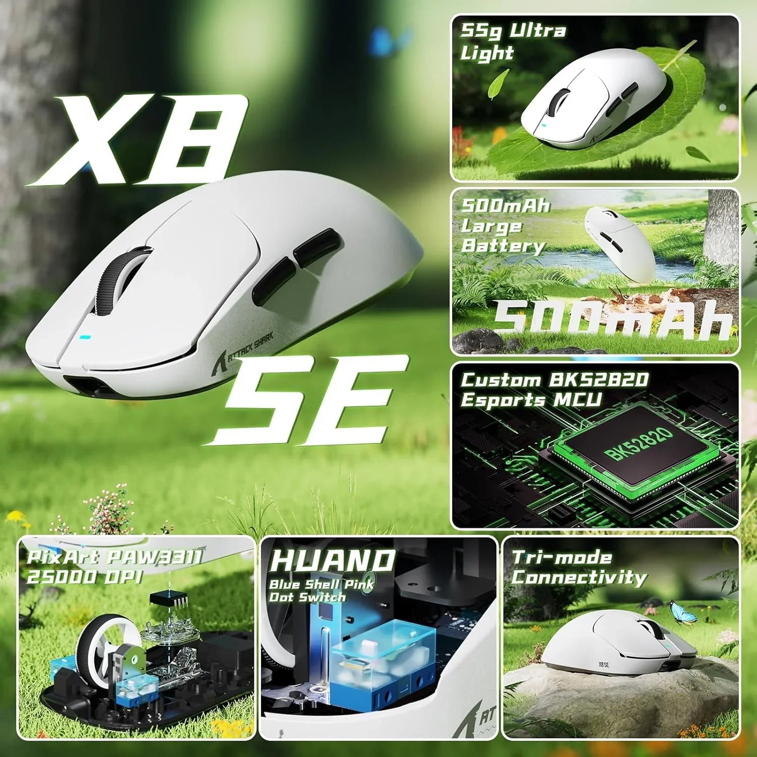 Attack shark x8 se wireless gaming mouse,55g ultra-lightweight wired/bt/2.4ghz