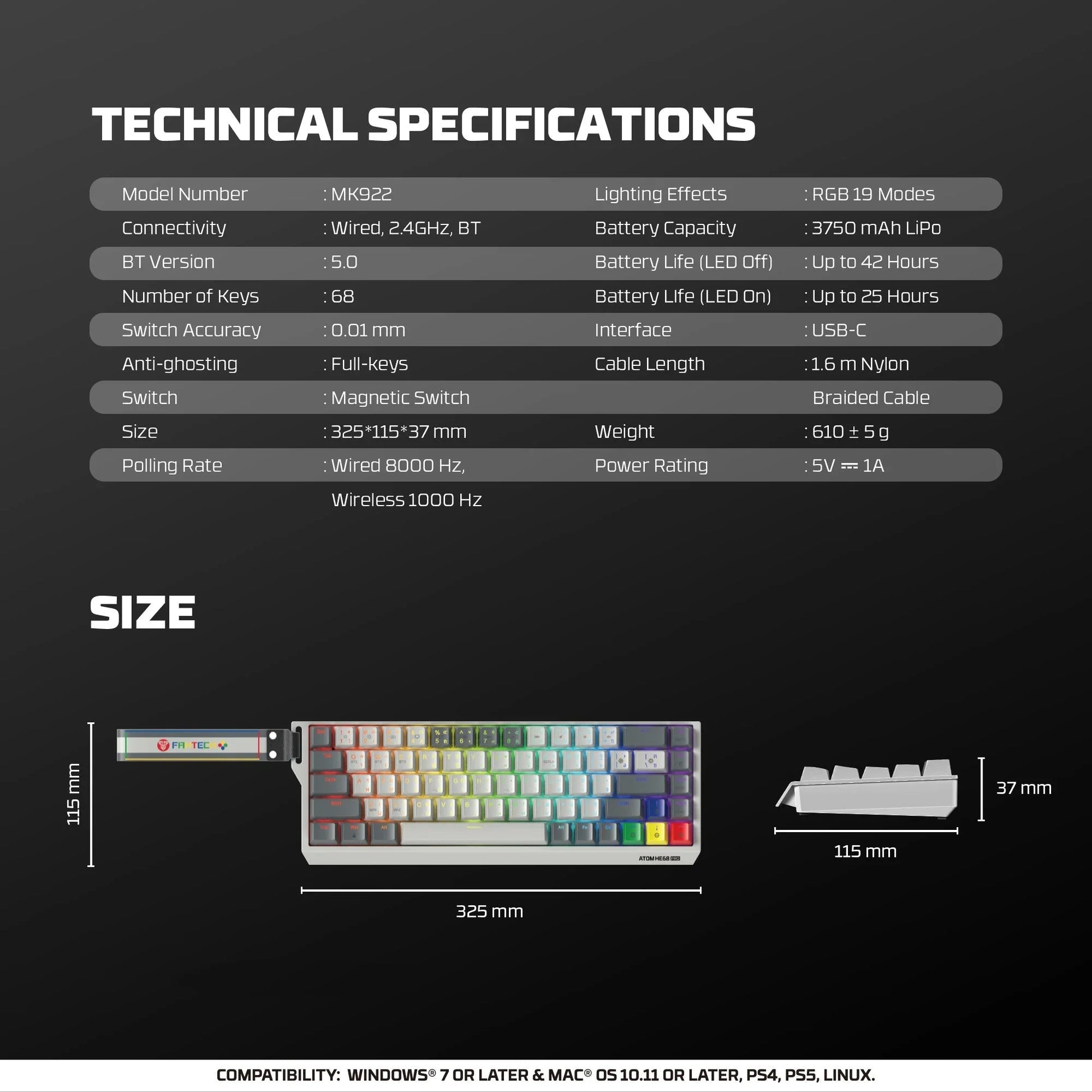 Fantech keyboard atom he68 mk922 magnetic switch 8000 hz – gray keyboards