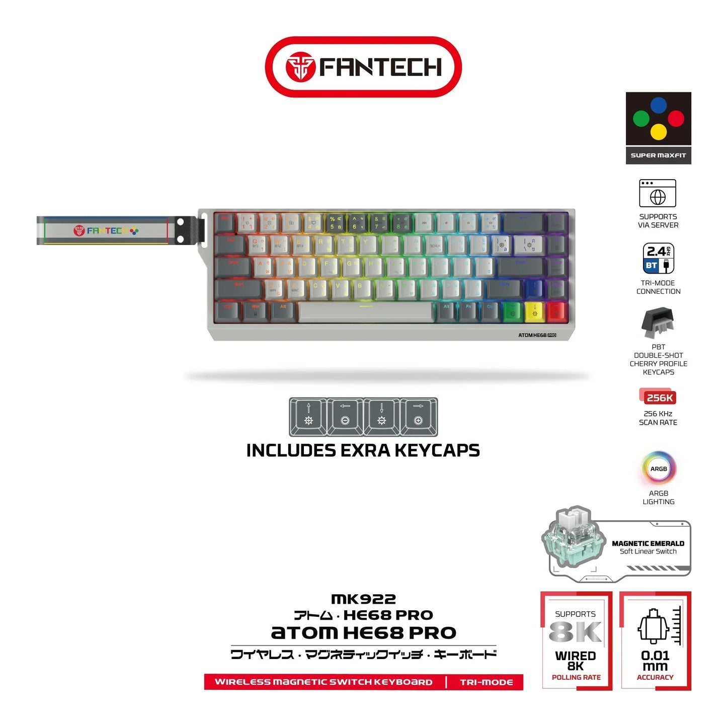 Fantech keyboard atom he68 mk922 magnetic switch 8000 hz – gray keyboards