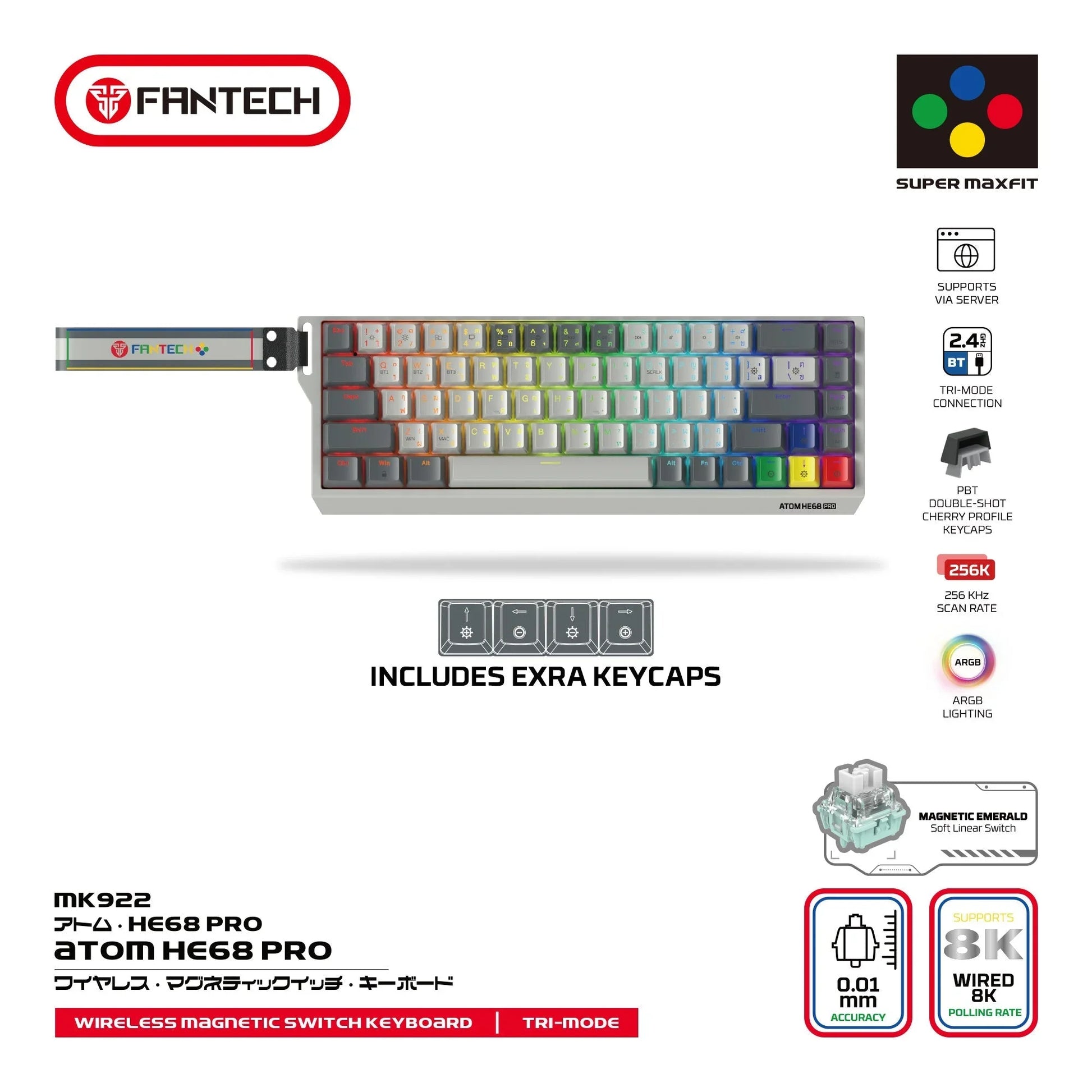 Fantech keyboard atom he68 mk922 magnetic switch 8000 hz – gray keyboards