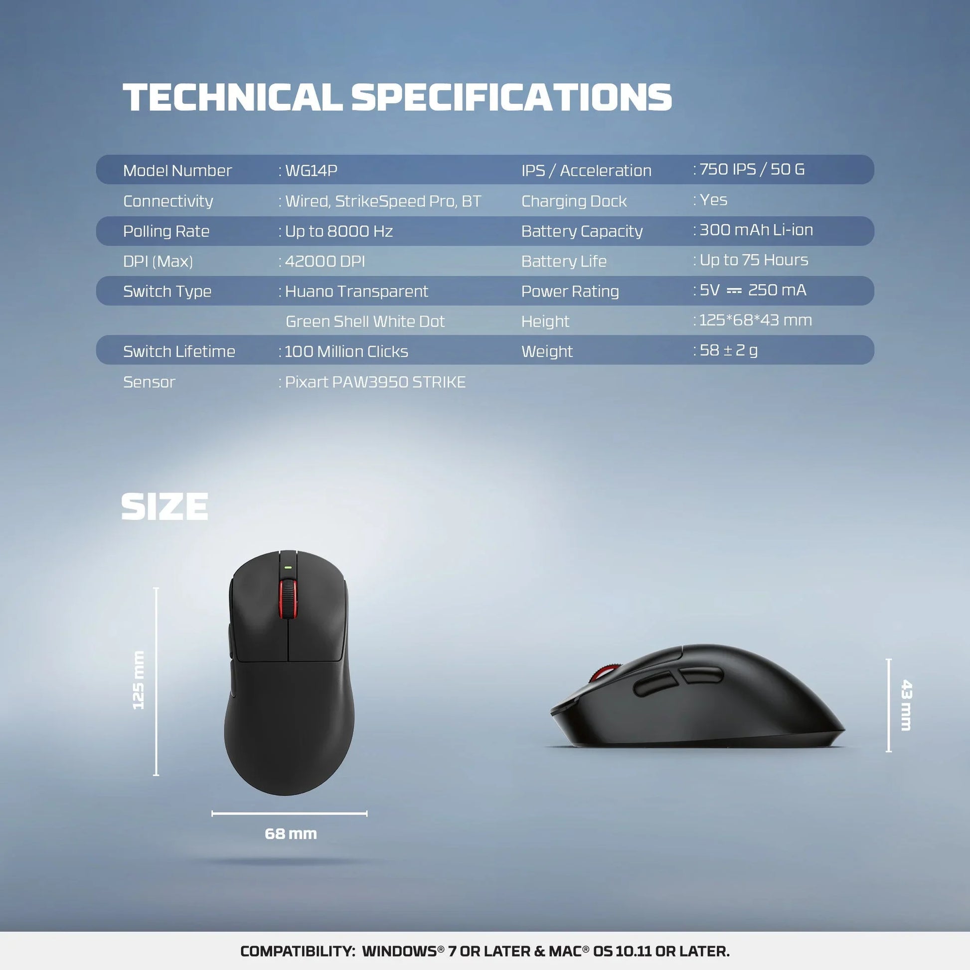 Fantech wg14p lightweight wireless gaming mouse paw3950 sensor 8khz polling