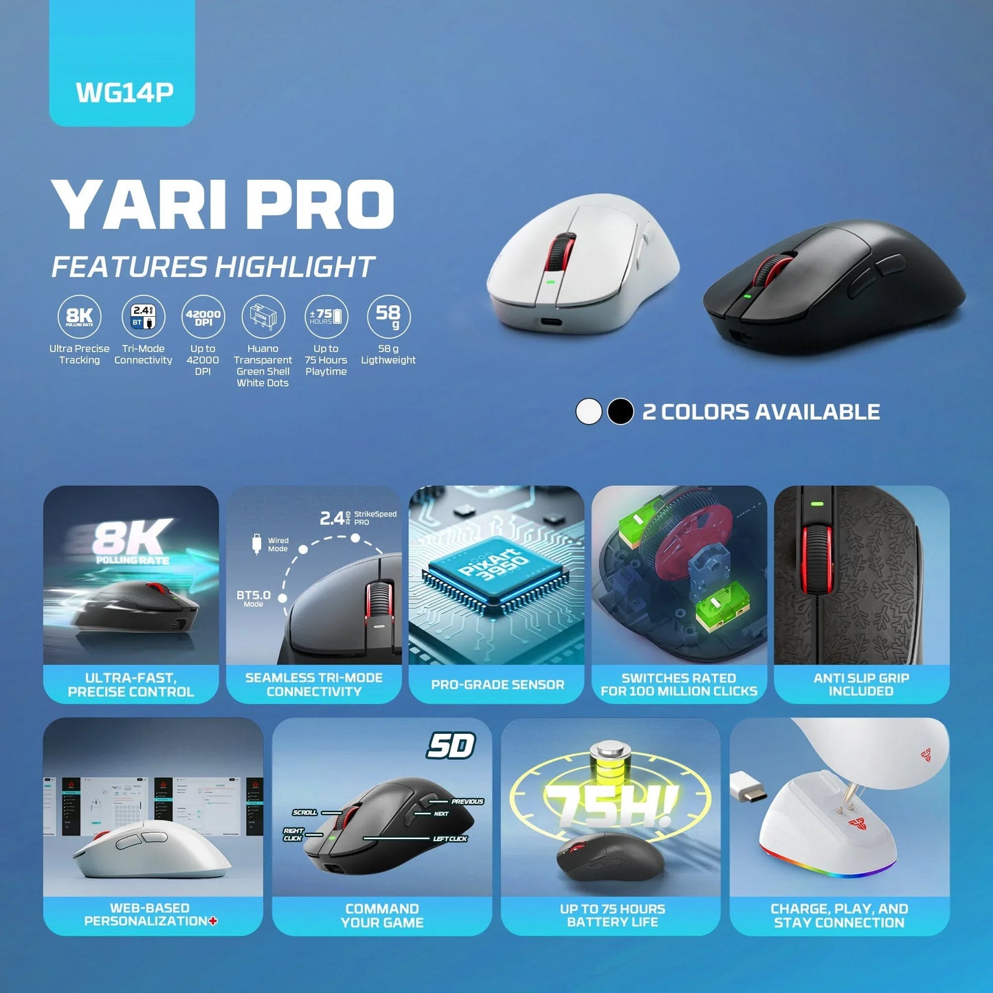 Fantech wg14p lightweight wireless gaming mouse paw3950 sensor 8khz polling
