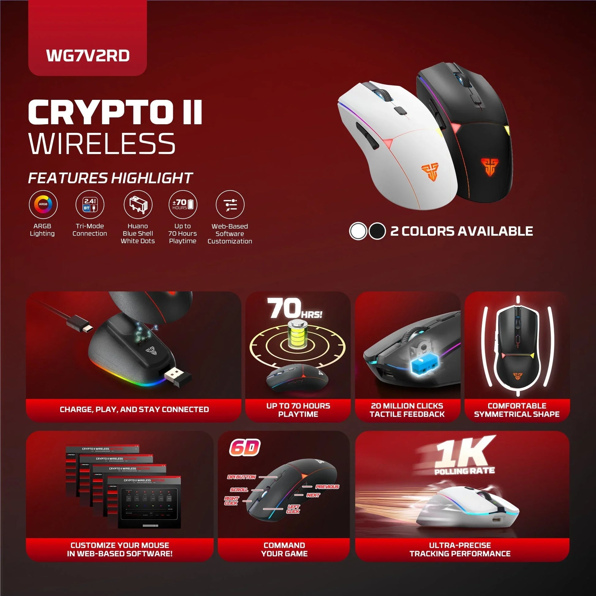 Fantech wg7v2rd crypto ii wireless gaming mouse white mice & trackballs