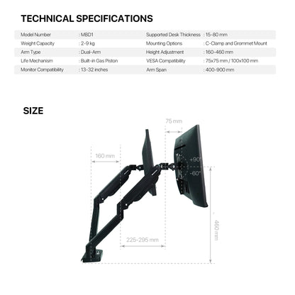 Fantech workstation mbd1 dual-arm monitor mount 90 degree for 13’’ to 32’’