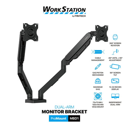 Fantech workstation mbd1 dual-arm monitor mount 90 degree for 13’’ to 32’’