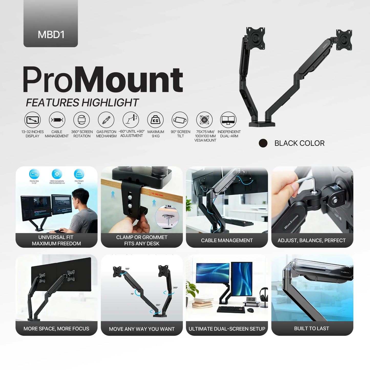 Fantech workstation mbd1 dual-arm monitor mount 90 degree for 13’’ to 32’’
