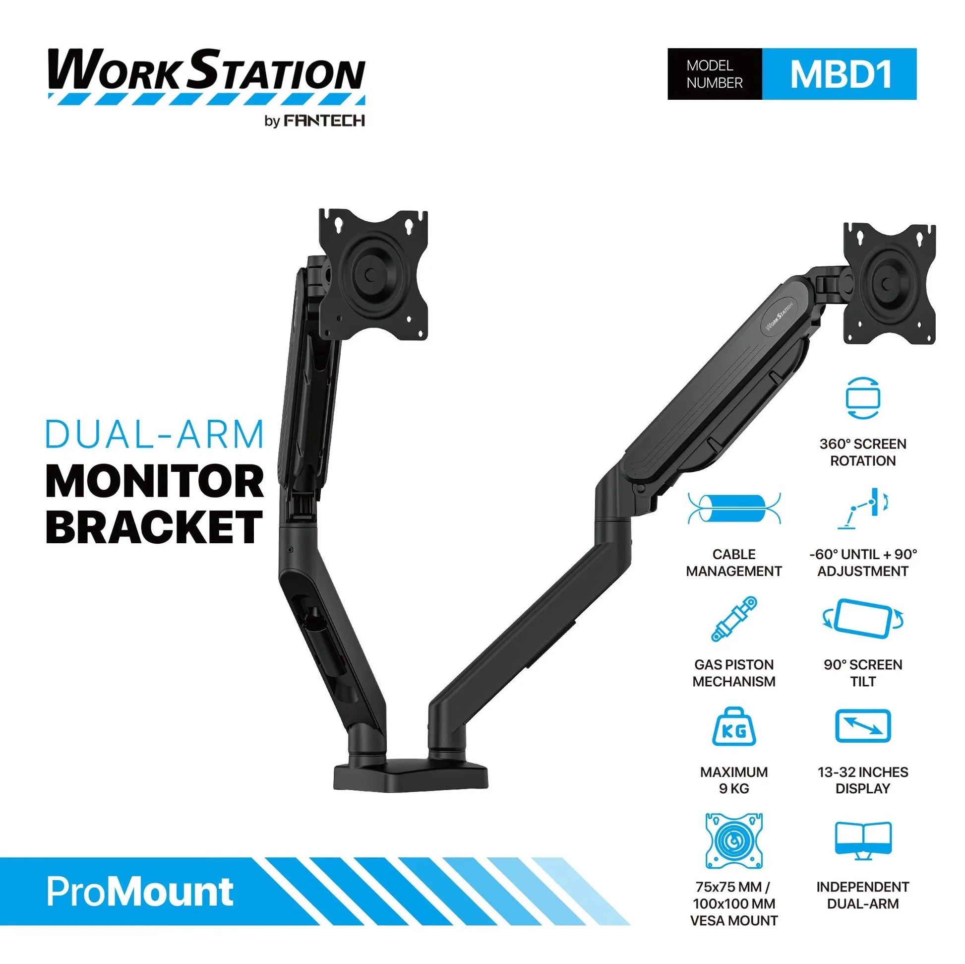 Fantech workstation mbd1 dual-arm monitor mount 90 degree for 13’’ to 32’’