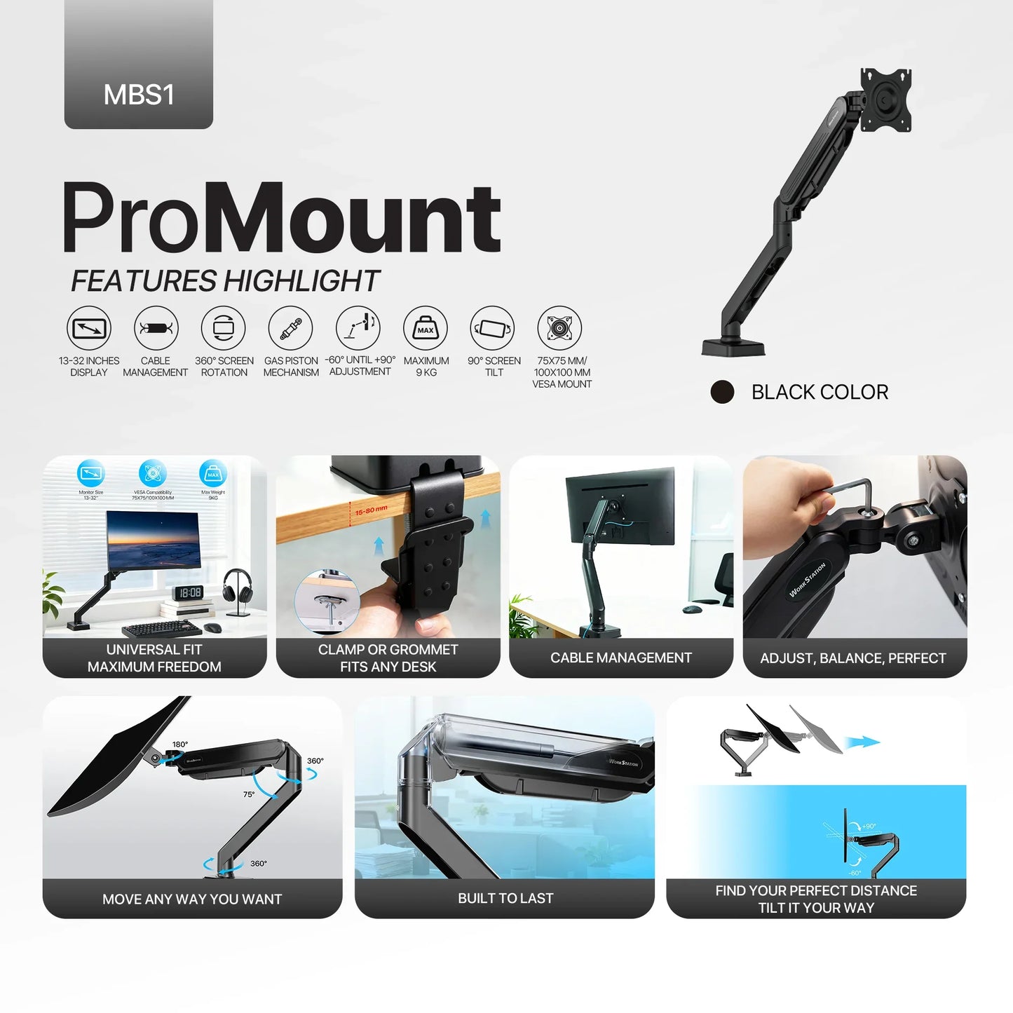 Fantech workstation mbs1 single-arm monitor mount 90 degree for 13’’ to 32’’