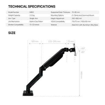 Fantech workstation mbs1 single-arm monitor mount 90 degree for 13’’ to 32’’