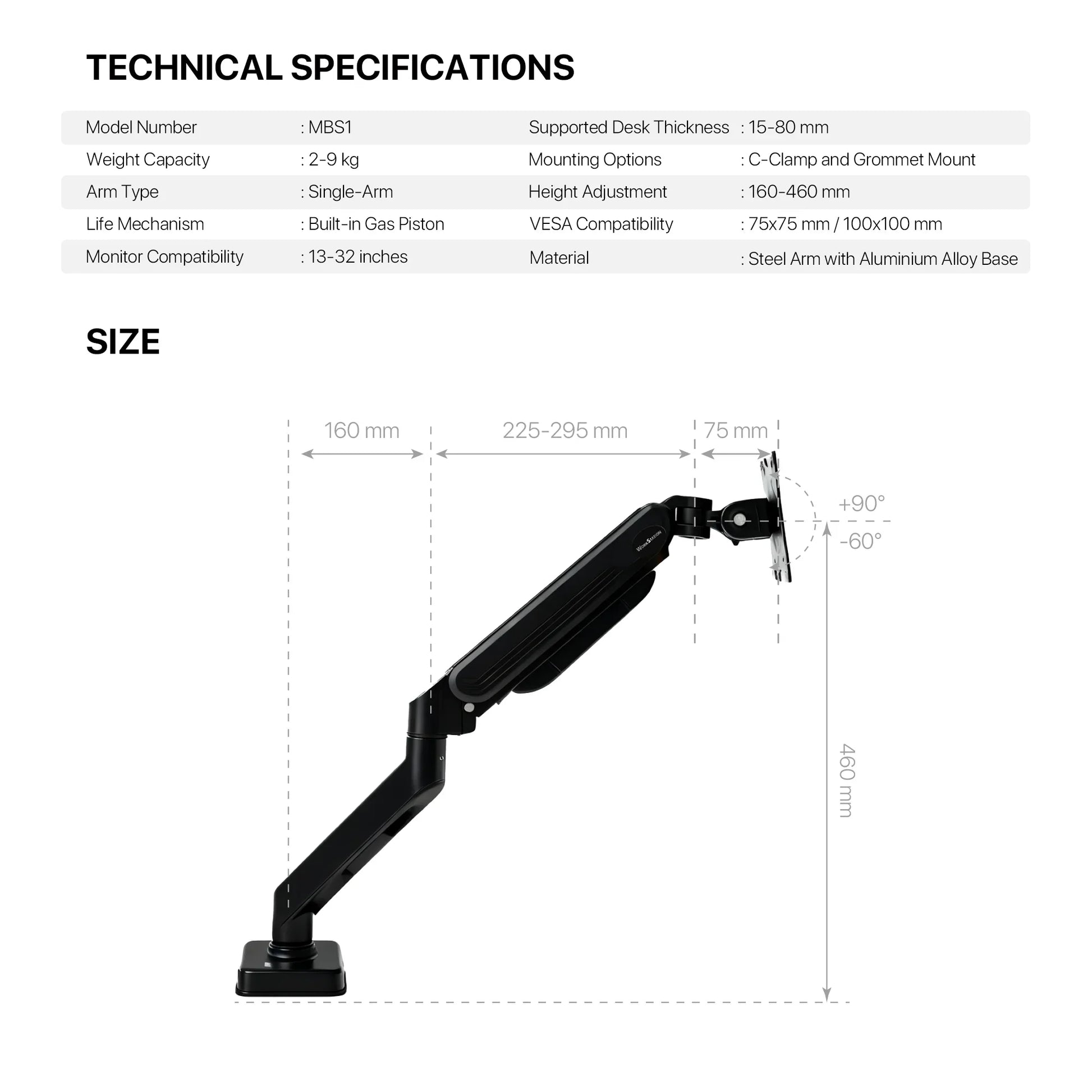 Fantech workstation mbs1 single-arm monitor mount 90 degree for 13’’ to 32’’