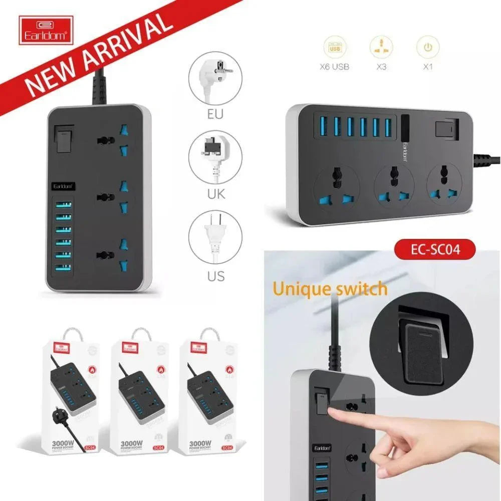 Earldom sc04 eu-socket 3000w 6usb ports 3 power socket 3.1a 200cm