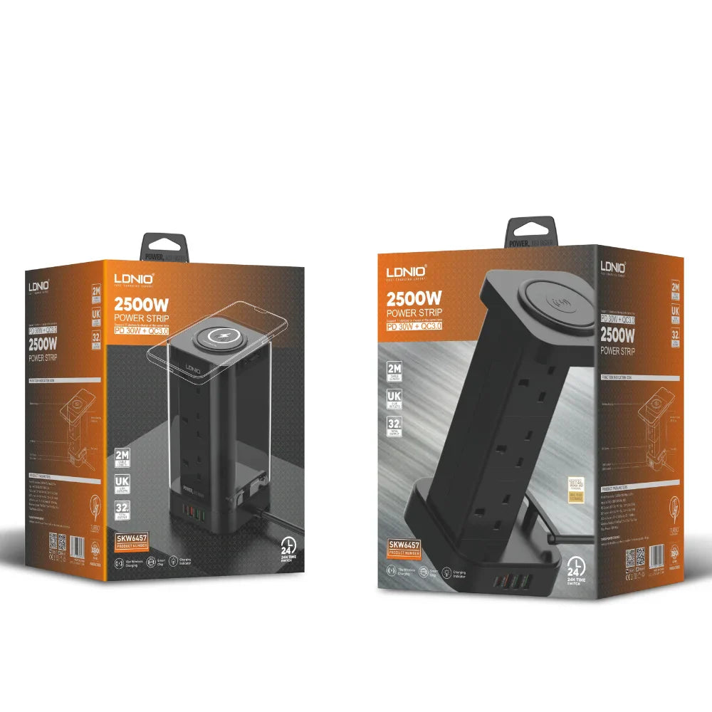 Ldnio 2m tower extension lead with 6 sockets 4 usb slots & wireless charger uk