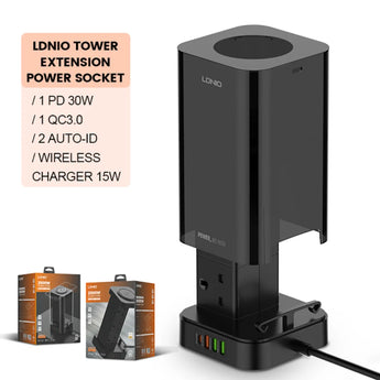 Ldnio 2m tower extension lead with 6 sockets 4 usb slots & wireless charger uk