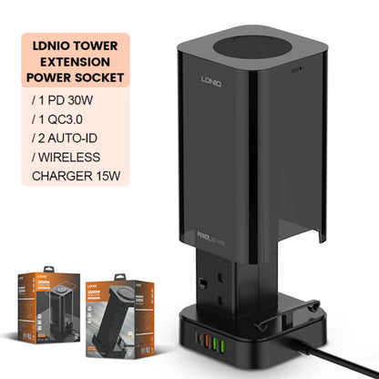 Ldnio 2m tower extension lead with 6 sockets 4 usb slots & wireless charger uk